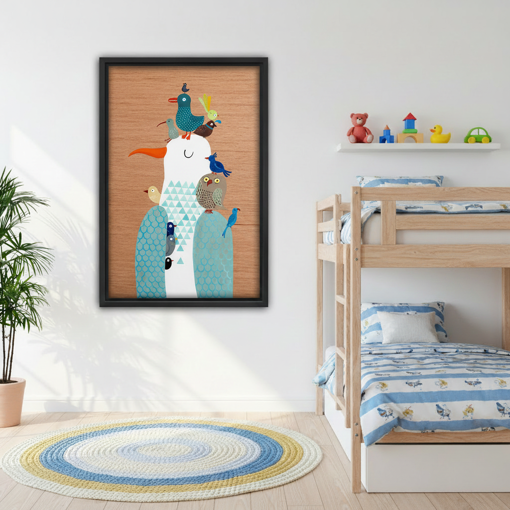 Whimsical stacked birds folk art framed canvas wall art in nursery, colorful bird tower wood grain kids room wall decor