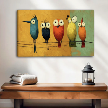 Whimsical colorful bird canvas wall art frameless gallery wrap, cartoon birds on wire print with visible canvas edges, eclectic home decor