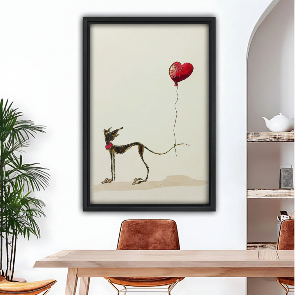 Whimsical greyhound wall art, Italian greyhound with red heart balloon, black framed canvas print for dining room decor