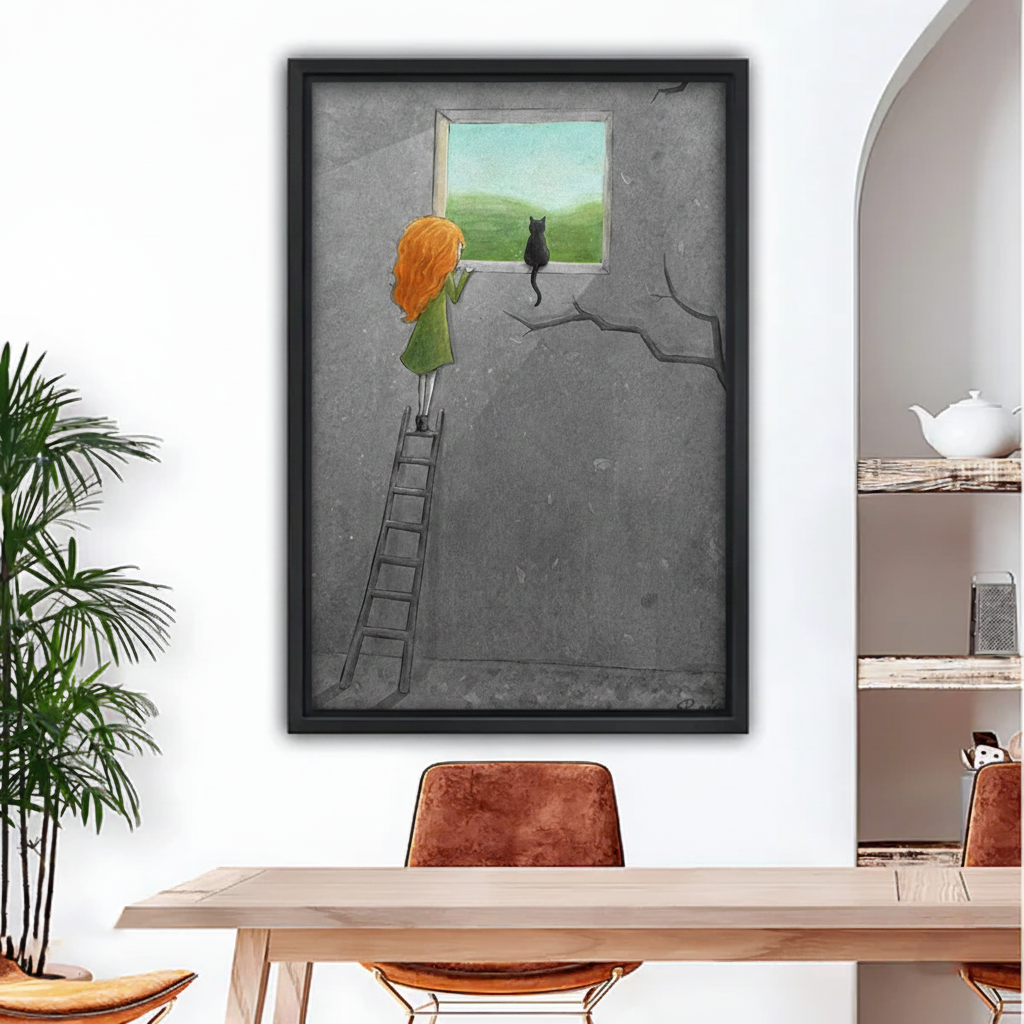 Girl climbing ladder to window with black cat whimsical framed wall art print, black frame, grey surreal illustration green landscape, hung above a light wood dining table with leather chairs in a modern eclectic dining room with indoor palm