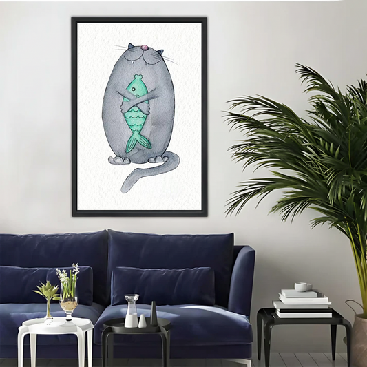 Chubby Cat Hugging a Fish — Funny Watercolor Wall Art| Liberty Signs#L955