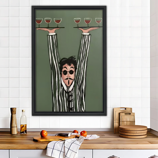 Retro Waiter with Wine Glasses Kitchen Wall Art Print|Liberty Signs #L559
