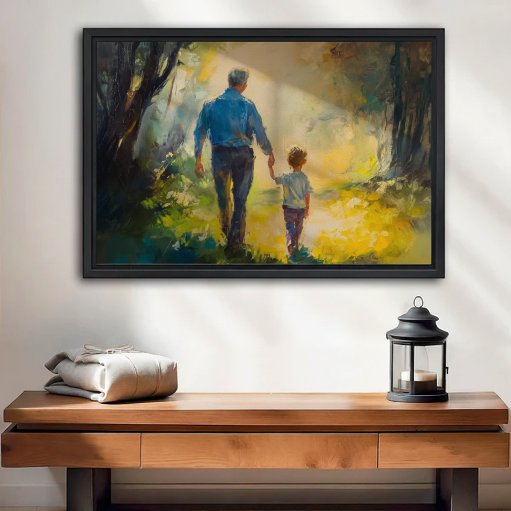 Father and son walking hand in hand through sunlit forest watercolor oil painting wall art print in black frame above wooden console table with black lantern in warm entryway