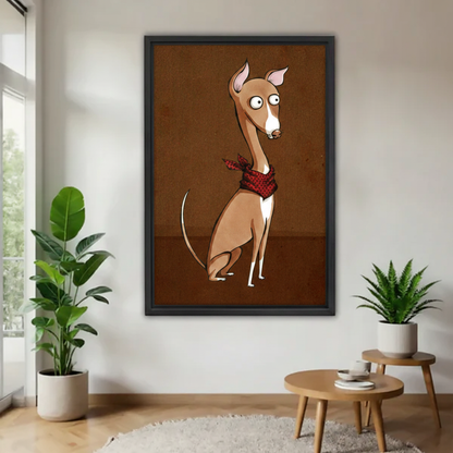  Funny Italian Greyhound with red bandana framed wall art print, black frame, whimsical cartoon dog illustration on warm brown background, hung on white wall in a bright minimalist entryway with fiddle leaf fig and round side table