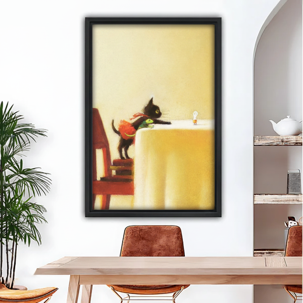 Cute black cat with frog toy climbing table framed wall art print, black frame, warm yellow whimsical oil painting style, displayed above a wooden dining table with leather chairs in a modern eclectic dining room with indoor palm