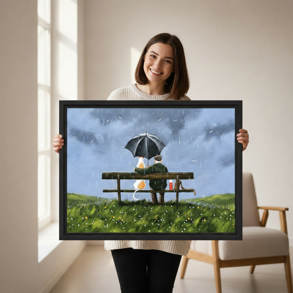 Smiling woman holding old man and cat rainy bench framed canvas wall art, heartwarming oil painting black frame