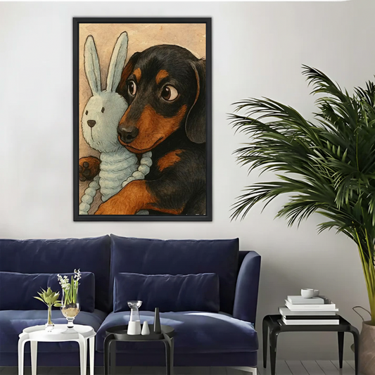 Dachshund Hugging Bunny Toy — Cute Dog Wall Art Print| Liberty Signs#L949