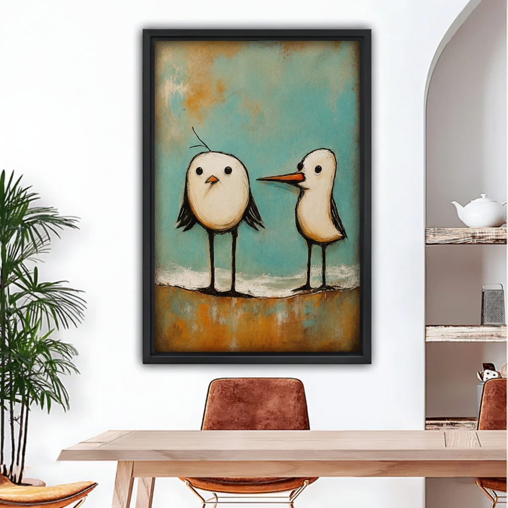 Whimsical seagull wall art, two quirky coastal birds on teal and rust background, black framed canvas print for dining room decor