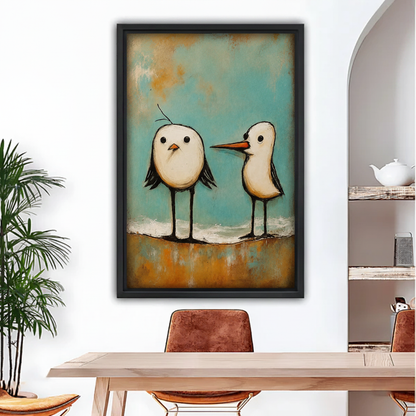 Whimsical seagull wall art, two quirky coastal birds on teal and rust background, black framed canvas print for dining room decor