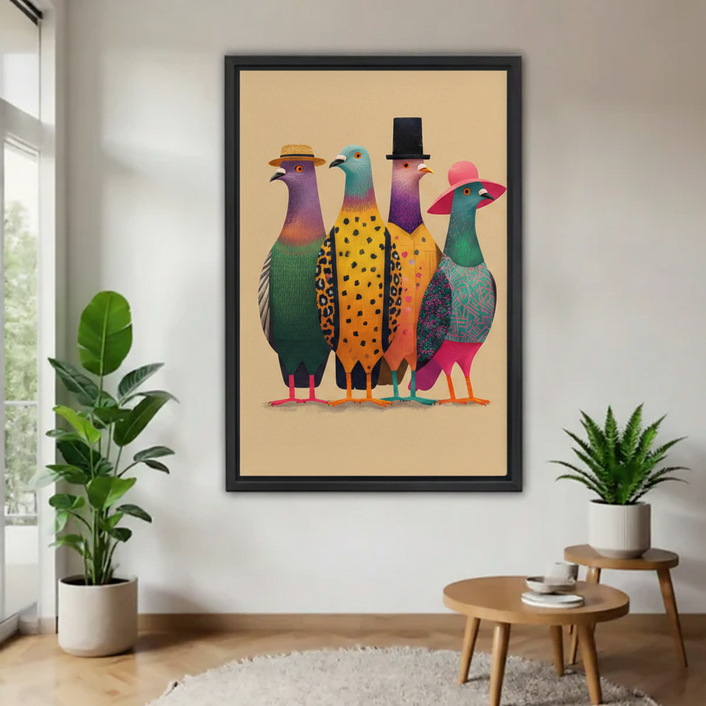 Four colorful pigeons wearing hats framed wall art print, black frame, bold whimsical bird illustration on beige background, displayed in a bright minimalist living room with indoor plants and round side table
