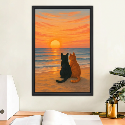 Black and orange cats watching ocean sunset romantic oil painting style framed canvas wall art in modern home office