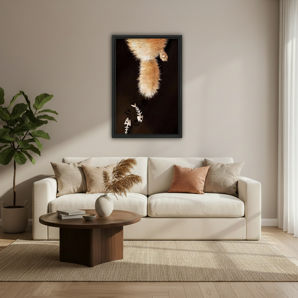 Dark humor cat canvas print – fluffy orange cat tail with fish skeleton wall decor
