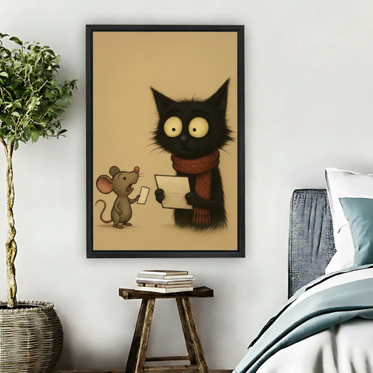 Funny black cat red scarf mouse letter exchange whimsical wall art print in black frame above wooden stool with stacked books and wicker basket in boho bedroom