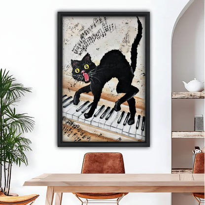 Funny black cat piano wall art, wild-eyed cat playing piano keys with flying music notes, black framed canvas print for dining room decor

