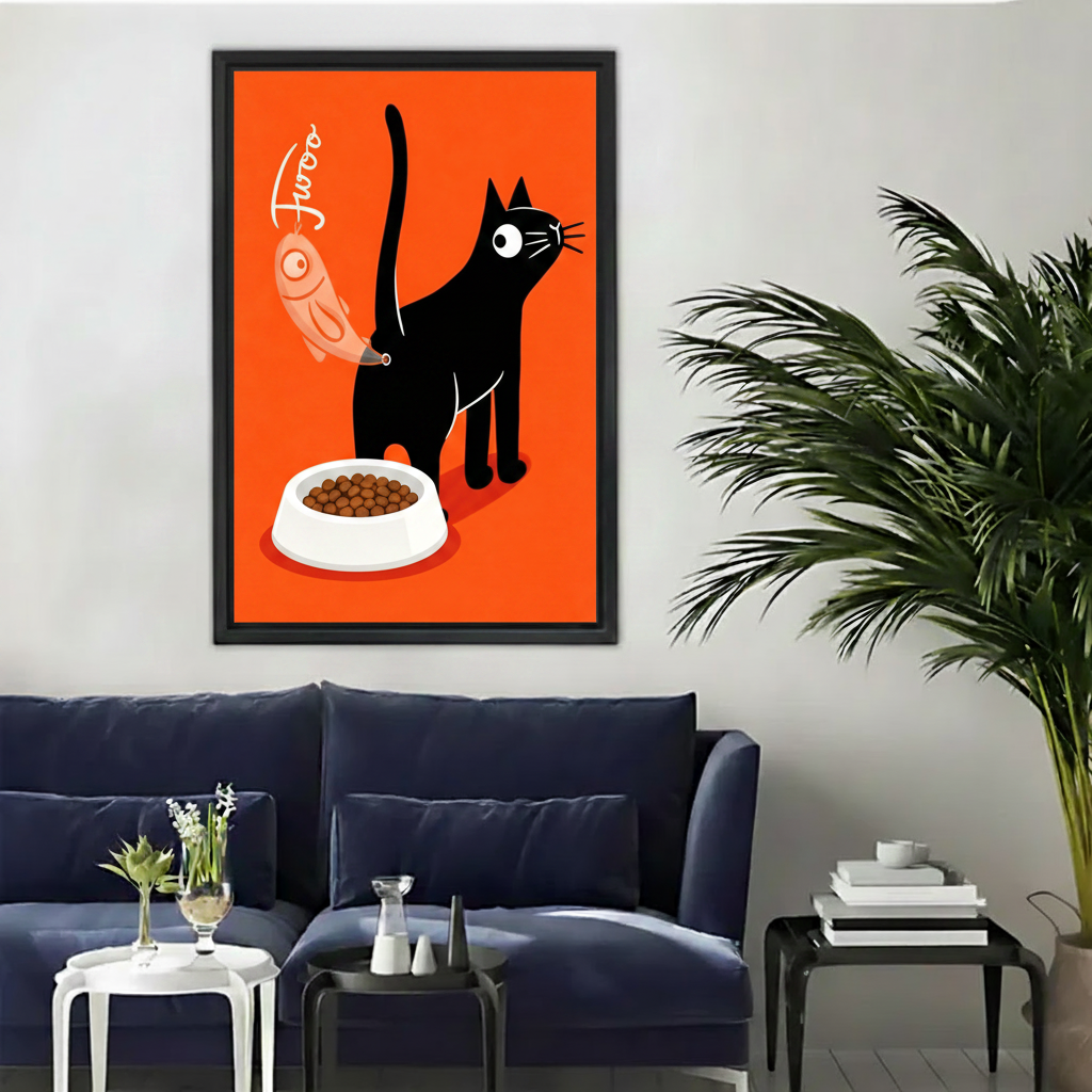 Funny black cat fish on tail food bowl orange background Fwoo wall art print in black frame above navy velvet sofa with black coffee table and palm plant in modern living room