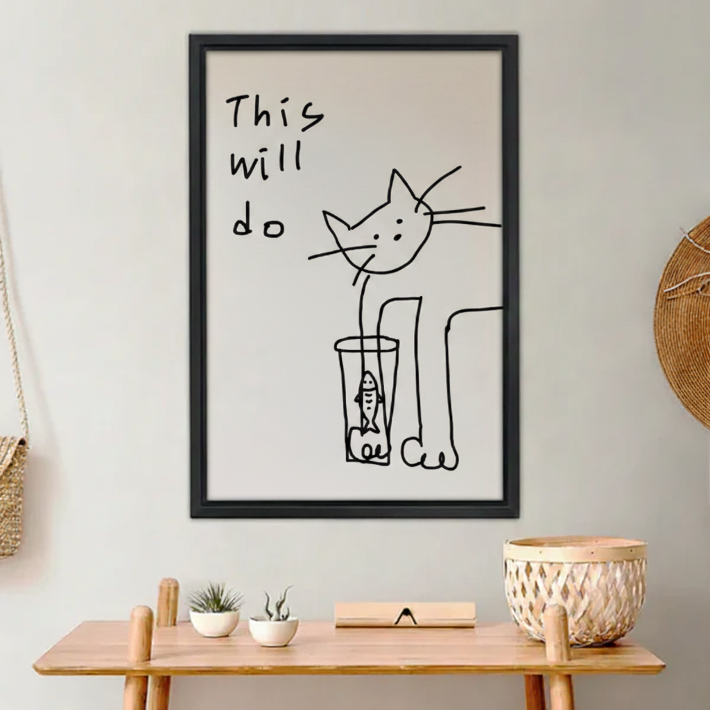 Funny this will do cat paw fish glass minimalist line art wall art print in black frame above wooden entryway bench with succulents in boho hallway