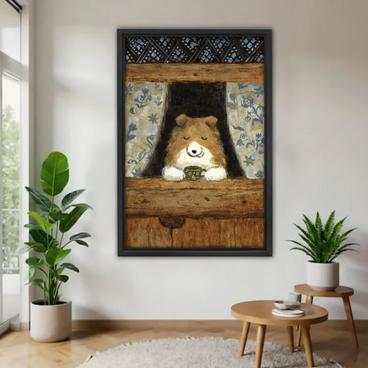 Cute Sheltie dog with coffee cup framed wall art print, rustic wood window style, displayed in a bright minimalist living room