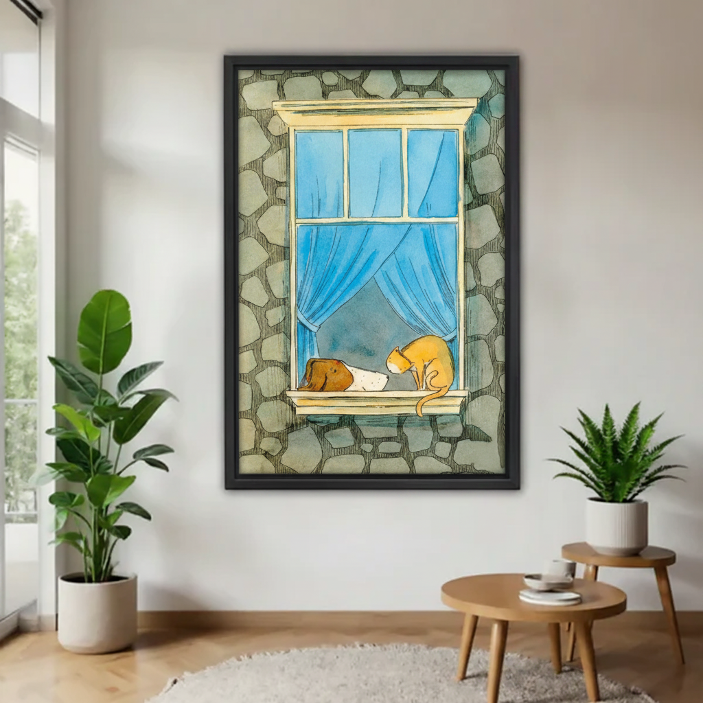 Dog and cat sitting together on stone window sill framed wall art print, black frame, whimsical watercolor sketch with blue curtains, displayed in a bright minimalist living room with indoor plants