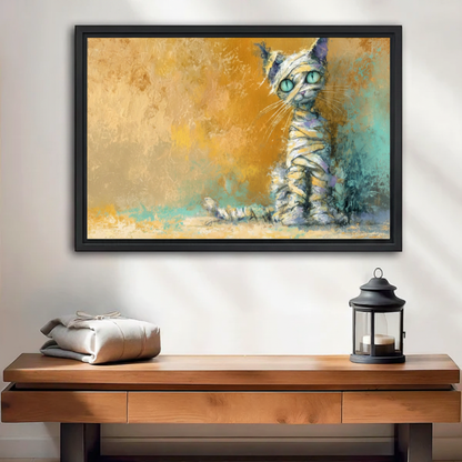  Mummy cat teal eyes framed wall art print, black frame, golden teal oil painting style, displayed above a wooden console table in a warm neutral entryway with lantern decor