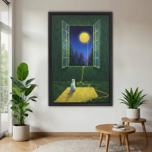 White cat moon yarn ball framed wall art print, black frame, surreal green night scene, displayed in a bright minimalist living room with indoor plants