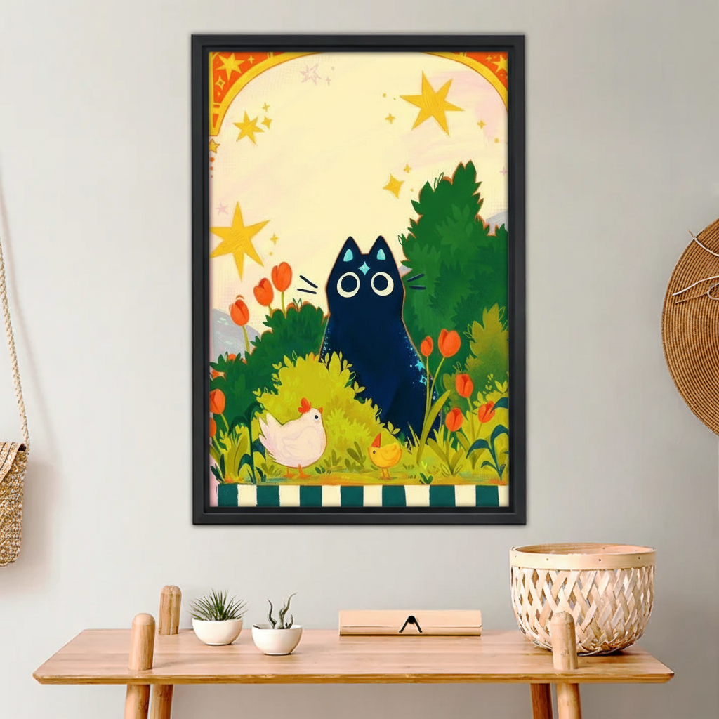 Blue Cat in Flower Garden with Chickens Wall Decor|Liberty Signs #L646