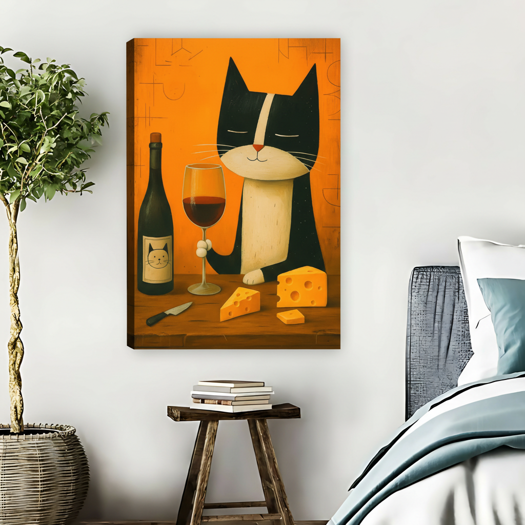 Tuxedo Cat Wine Cheese Retro Framed Canvas Wall Art| Liberty Signs #L1635