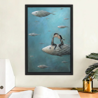 Dreamy underwater love story framed canvas wall art print with two children kissing on a fish