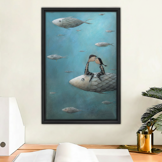 Dreamy underwater love story framed canvas wall art print with two children kissing on a fish