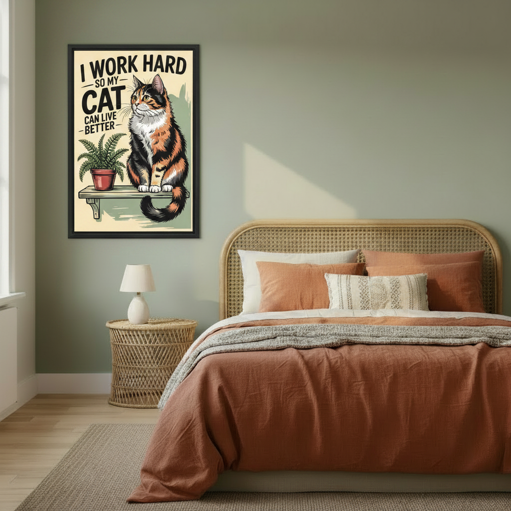 Funny cat quote retro poster canvas wall art in black frame in cozy bedroom — calico cat on shelf humorous illustration above bed