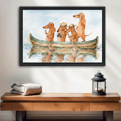 Dachshund dogs rowing boat watercolor canvas wall art in black floater frame — whimsical adventure pet print for living room