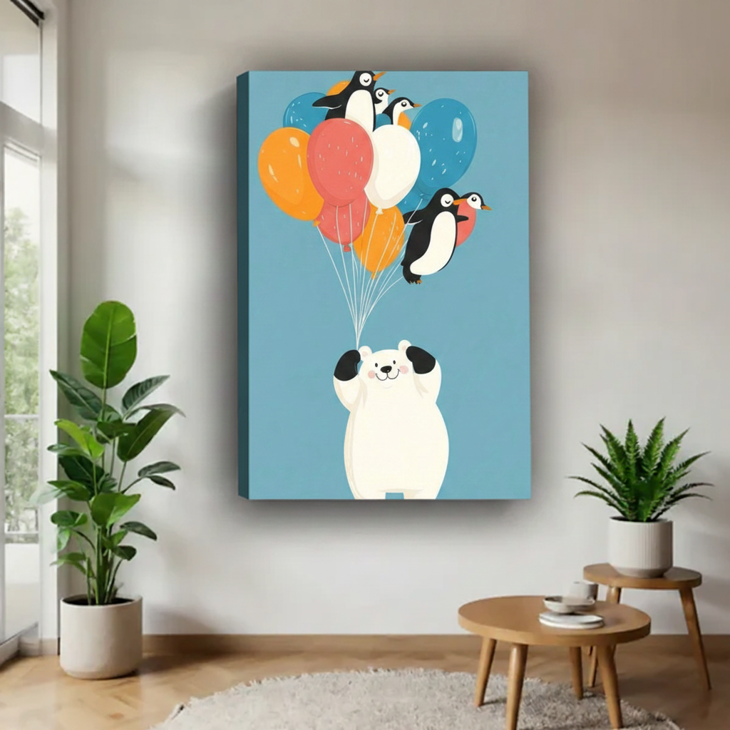 Colorful polar bear holding balloons with penguins canvas print — fun illustrated animal wall art for nursery and modern home decor