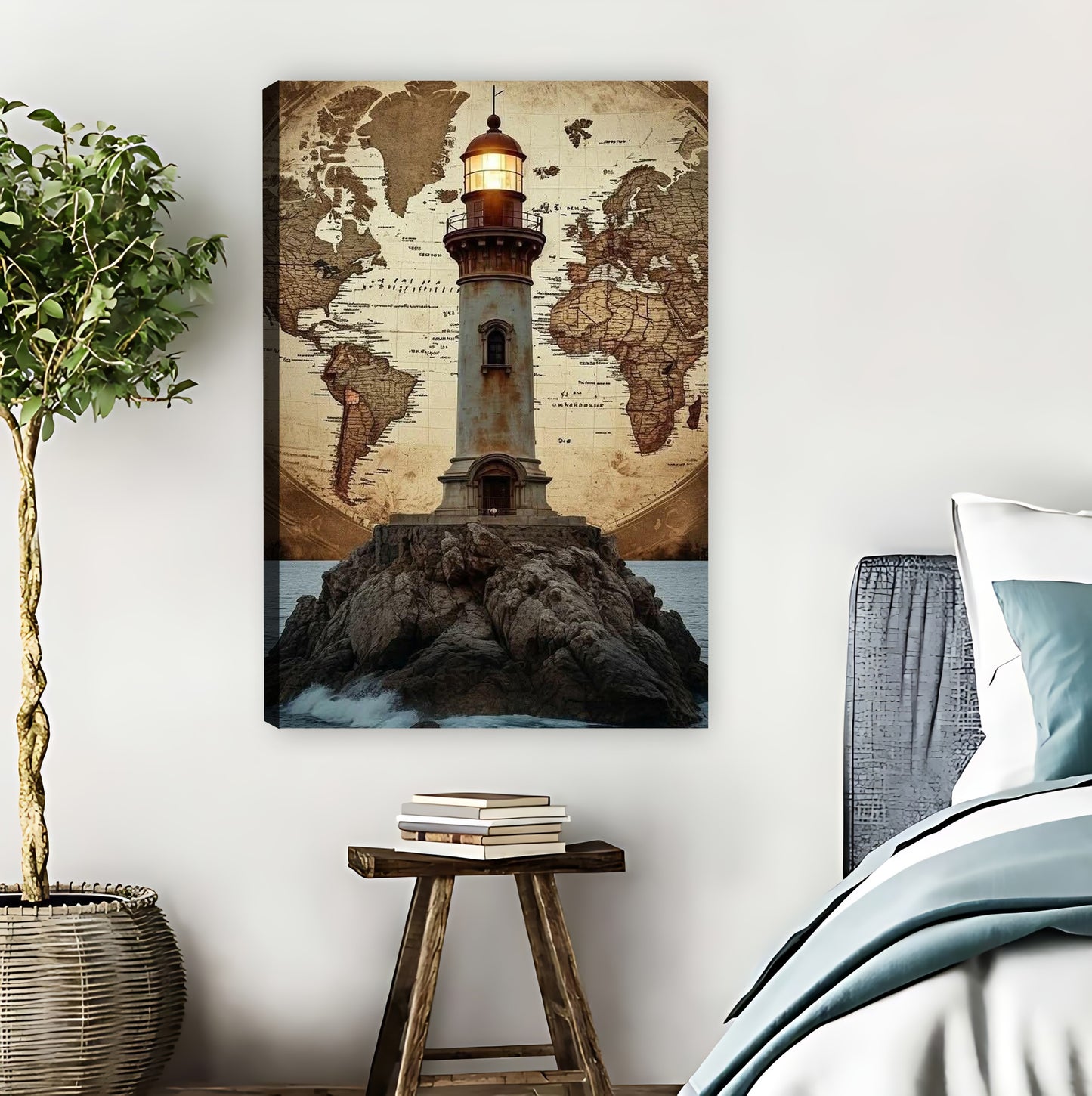 Vintage Lighthouse on World Map Art Print| Liberty Signs #L1545