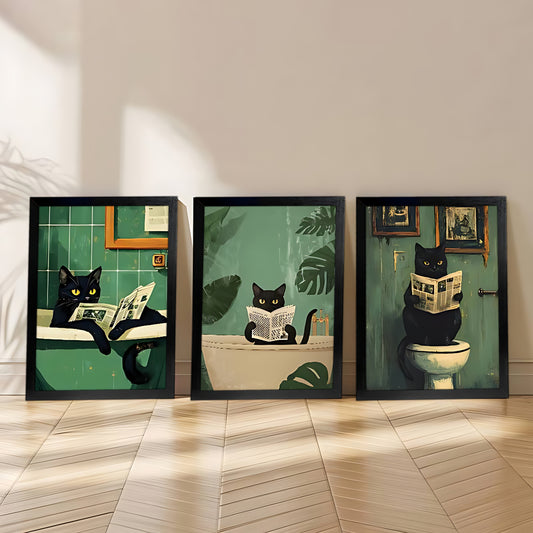 3PC Black Cat Reading Canvas Wall Art – Playful Bathroom Decor | Liberty Signs #ZH2001