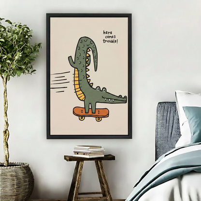 Skateboard crocodile cartoon wall art print in black frame hanging in kids bedroom with wooden stool and green plant