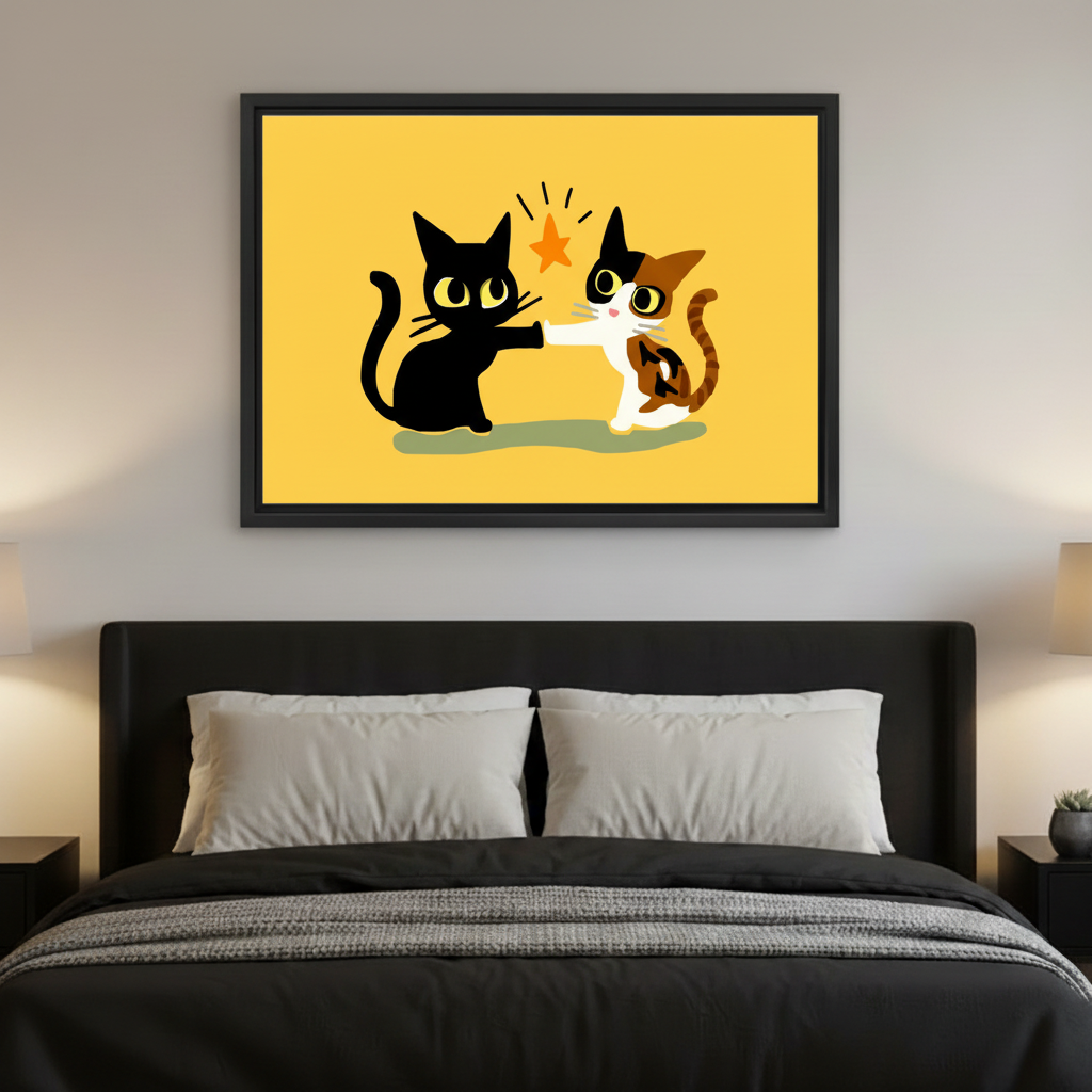 Whimsical cats high five canvas print displayed in bedroom, framed wall art