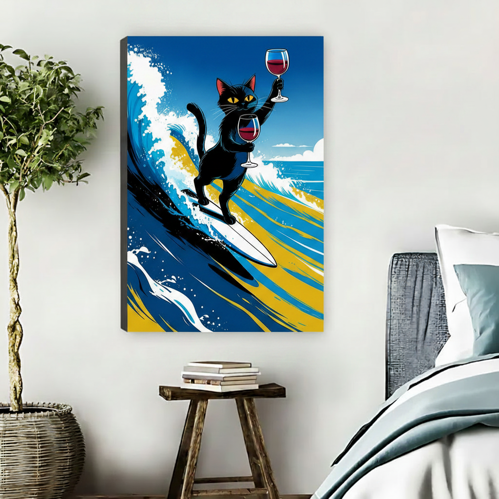 Surfing Cat Wine Funny Animal Wall Art Print l1978