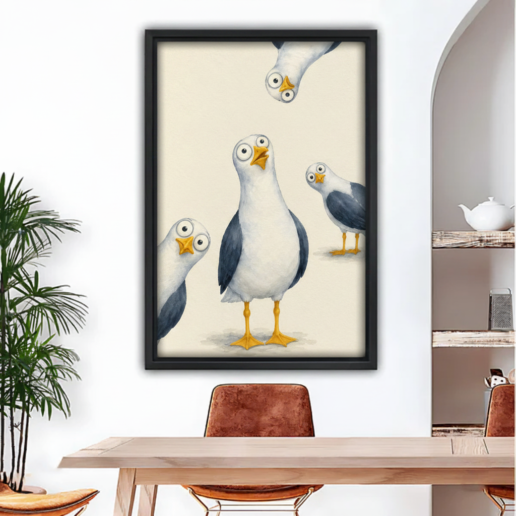 Funny cartoon seagull framed canvas wall art print with cream background
