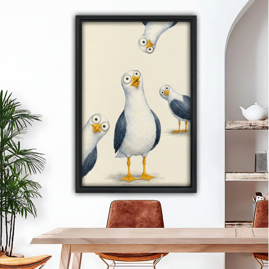 Funny cartoon seagull framed canvas wall art print with cream background