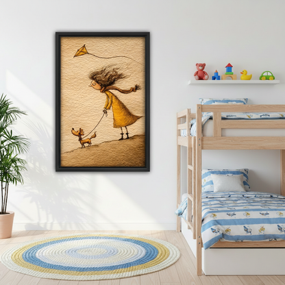 Whimsical girl and dog kite drifting vintage wall art, black frame, Scandinavian living room sofa decor, warm tones