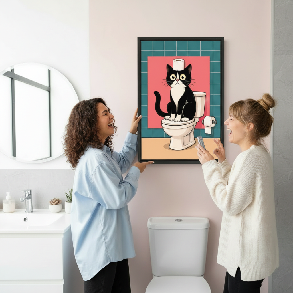 Two women laughing at funny cat on toilet canvas wall art print in black frame, humorous bathroom decor gift