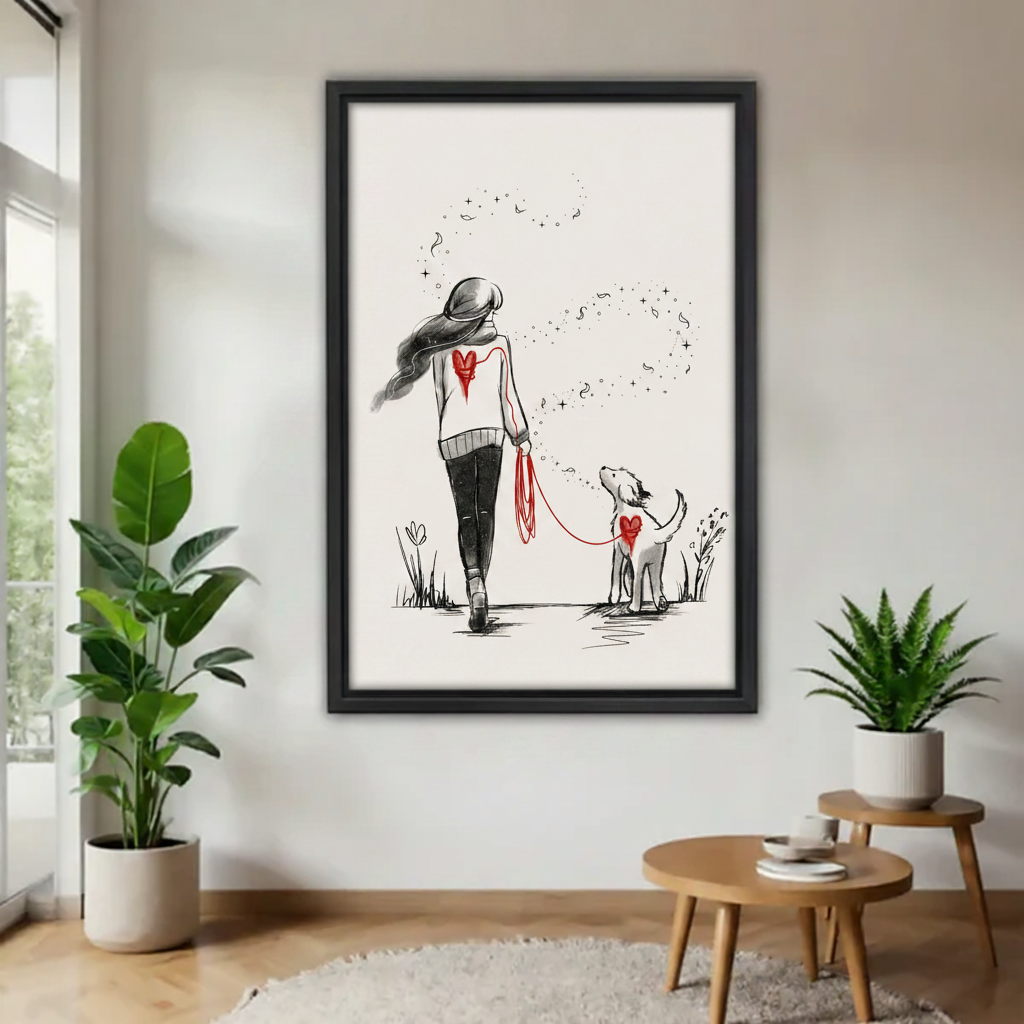 Girl walking dog sketch wall art framed canvas print — minimalist ink illustration of woman with red heart sweater and white dog on red leash with stars