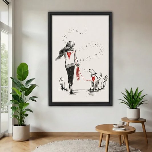 Girl walking dog sketch wall art framed canvas print — minimalist ink illustration of woman with red heart sweater and white dog on red leash with stars