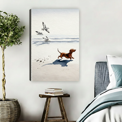 Dachshund Beach Run Seagull Watercolor Wall Art Print l1988