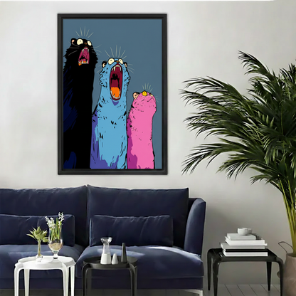 Three screaming cats pop art colorful canvas wall art in black frame, dark blue sofa living room