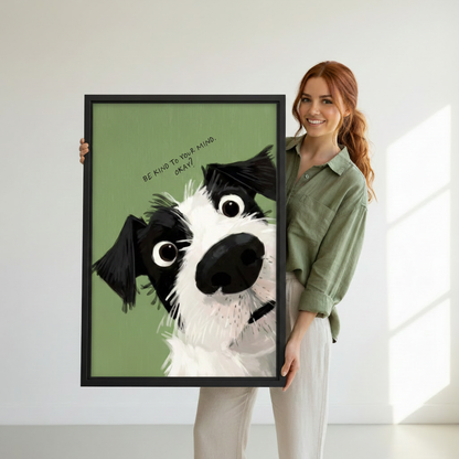 Framed border collie canvas print with Be Kind To Your Mind quote — humorous dog wall art for pet lovers and mental health awareness decor
