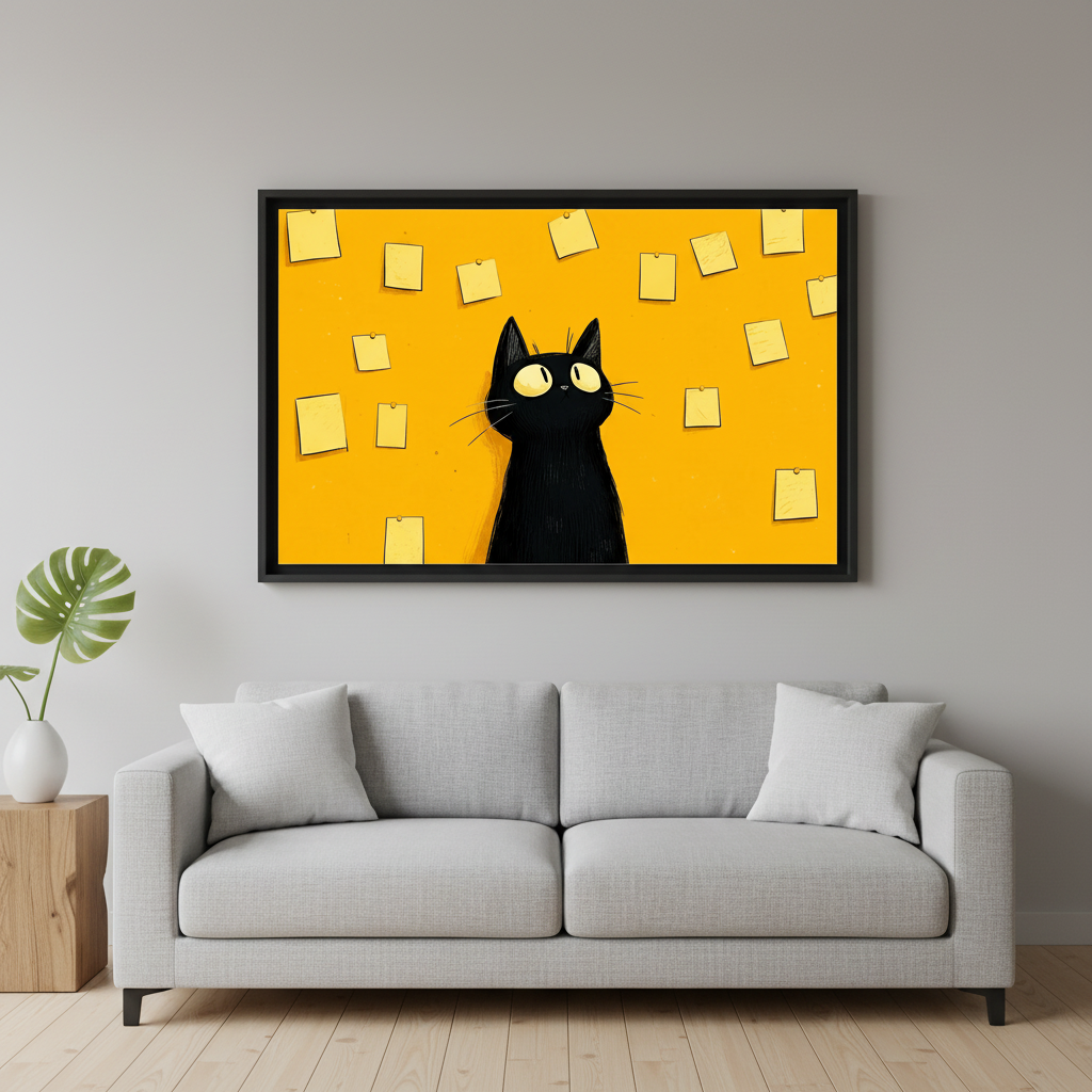 Black cat overwhelmed by sticky notes canvas wall art above office desk