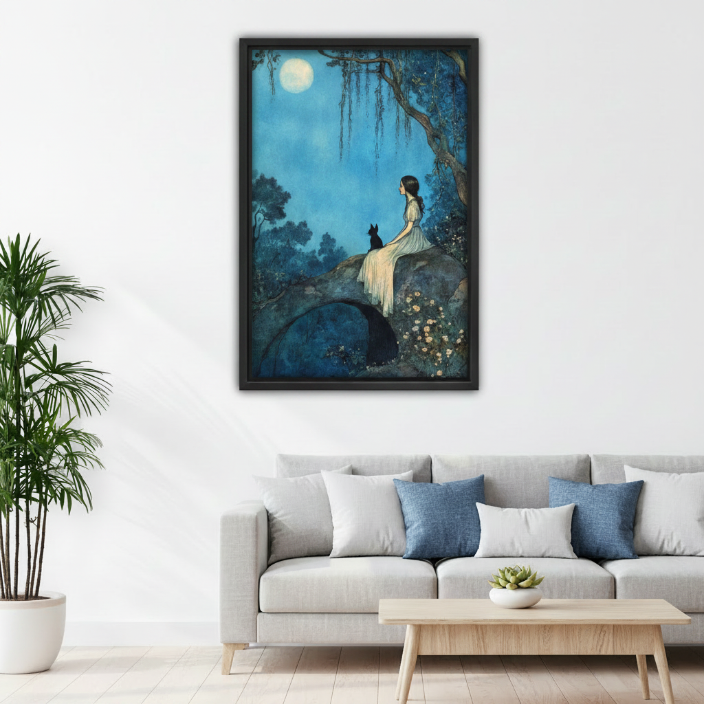 Dreamy moonlit girl and black cat framed canvas wall art in bedroom, black frame, vintage blue night fantasy illustration with willow tree, cozy bedroom wall decor