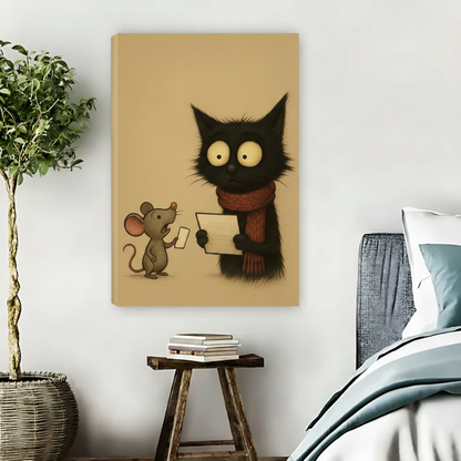 Fluffy black cat red scarf holding envelope little grey mouse funny illustration unframed canvas wall art above wooden stool with stacked books and wicker basket in contemporary boho bedroom
