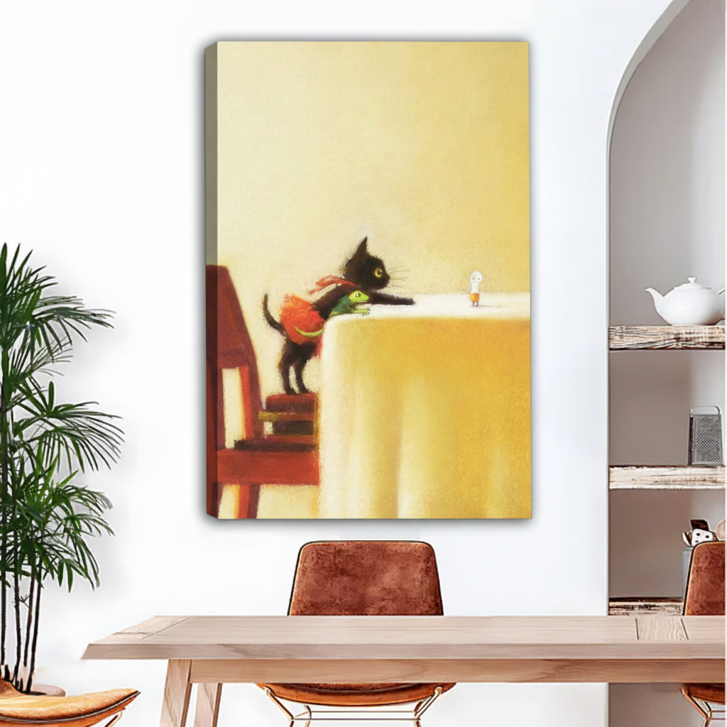 Black cat and frog toy climbing table canvas wall art, frameless gallery wrap, warm yellow whimsical oil painting style, hung above a wooden dining table with leather chairs in a modern eclectic dining room with indoor palm