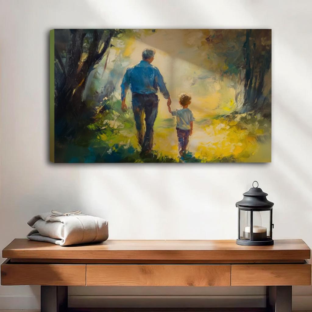 Dad and child holding hands forest path golden light float frame canvas wall art above wooden console table with black lantern and linen parcel in contemporary entryway